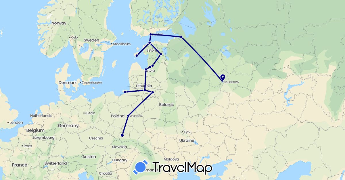TravelMap itinerary: driving in Estonia, Finland, Lithuania, Latvia, Poland, Russia (Europe)